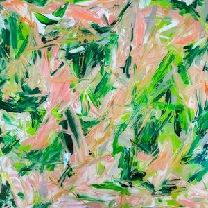 Bright floral original abstract painting, titled Tropical, by artist 3L.